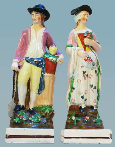 early Staffordshire figure, antique Staffordshire pottery, Staffordshire figure, Myrna Schkolne, Dudson, gardener, mate