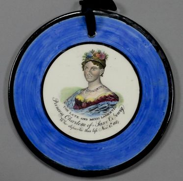 antique Staffordshire figure, antique Staffordshire pottery, pearlware plaque, Princess Charlotte, Prince Leopold, Charlotte and Leopold