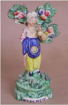 antique Staffordshire pottery, pearlware figure, Birds Nest figure, bocage, Myrna Schkolne, Blue Group pot bank