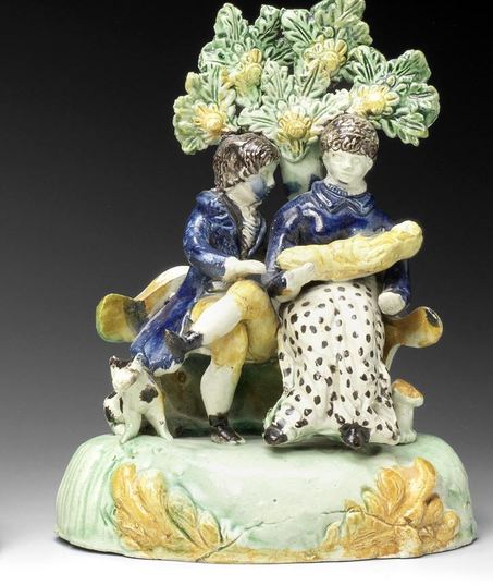 early Staffordshire figure, antique Staffordshire pottery, Staffordshire figure, Myrna Schkolne,  Tittensor, family group