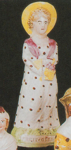 antique Staffordshire figure, Staffordshire pottery, pearlware figure, fruit girl, Myrna Schkolne