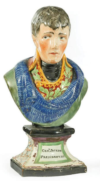 antique Staffordshire figure, Staffordshire bust, Staffordshire pottery, pearlware bust, President Andrew Jackson,, Myrna Schkolne