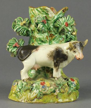 antique Staffordshire figure, antique Staffordshire pottery, Sherratt, Obadiah Sherratt, cow, Myrna Schkolne