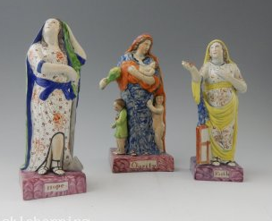 antique Staffordshire pottery, antique Staffordshire figure, pearlware figure, Faith, Hope, Charity, Myrna Schkolne
