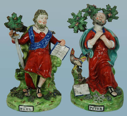 antique Staffordshire, lead-glazed pottery, lead-glazed earthenware, antique Staffordshire figure, pearlware figure, Walton pottery, Myrna Schkolne, St. Peter, St. Paul