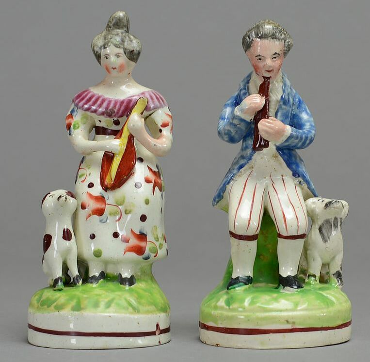 antique Staffordshire, Staffordshire pottery, Staffordshire figure, pearlware figure, musicians, Myrna Schkolne