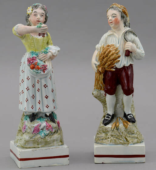 antique staffordshire pottery, Staffordshire figure, pearlware figure, Leeds Pottery, Spring, Autumn, Winter, Summer, Seasons figure, Myrna Schkolne