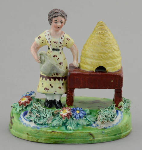 antique Staffordshire figure, Staffordshire pottery, beekeeper, pearlware figure, Myrna Schkolne