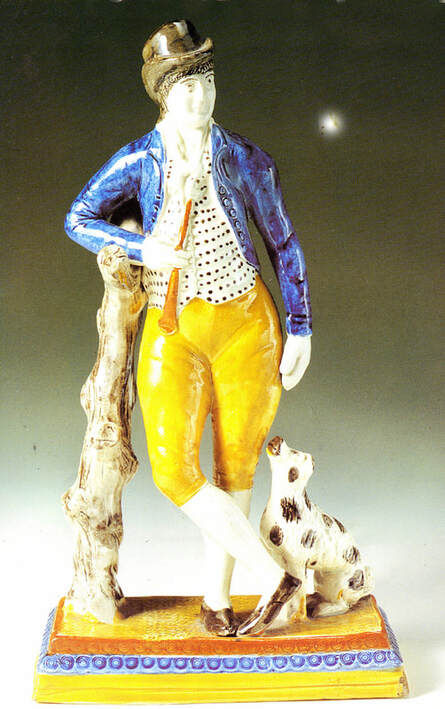 antique Staffordshire, antique Staffordshire figure, pearlware figure, pratt ware, pottery figure, sportsman, dog, Myrna Schkolne