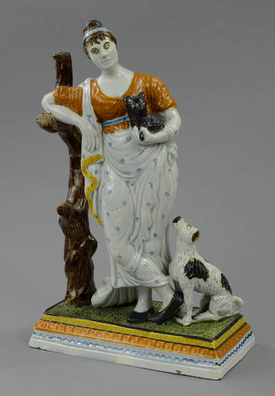 antique Staffordshire, antique Staffordshire figure, pearlware figure, pratt ware, classical figure, dog, cat, theatrical figure, Myrna Schkolne