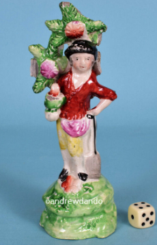 rare pearlware figure, antique staffordshire pottery, staffordshire figure, early staffordshire, gardener, Myrna Schkolne